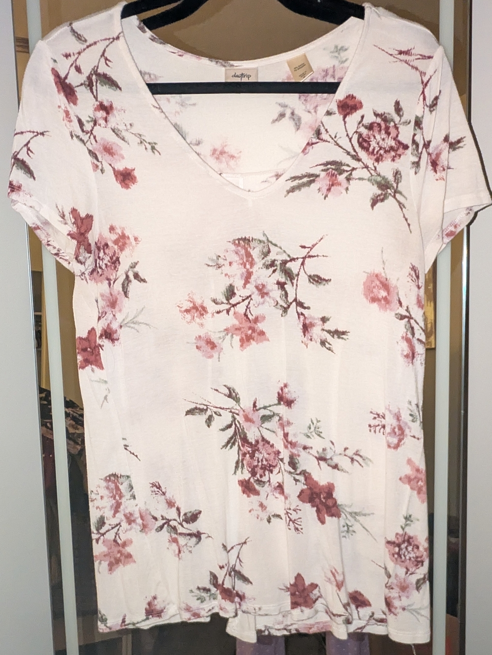 Daytrip Cream V-Neck Short Sleeve Top with Pink Floral Print